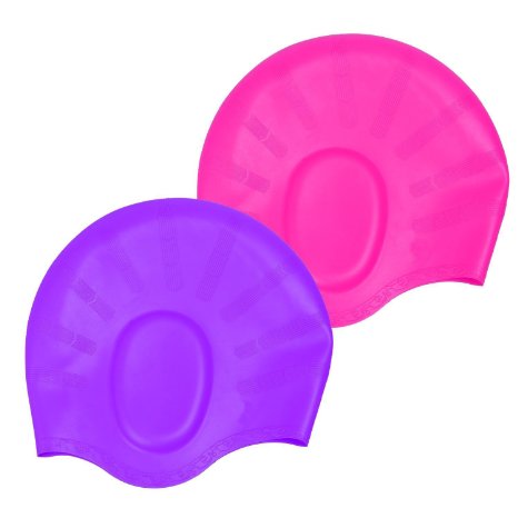 2 PackIlyever Soft Wrinkle-Free Silicone Swim Swimming Cap Soft Ear Protective Bating Hat Cap for Short and Medium Length Hair