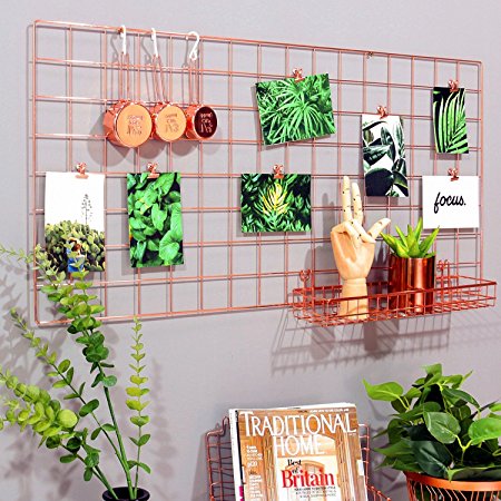Simmer Stone Rose Gold Wall Grid Panel for Photo Hanging Display & Wall Decoration Organizer, Multi-functional Wall Storage Display Grid, 5 Clips & 4 Nails Offered, Set of 1, Size 17.7"x37.4"