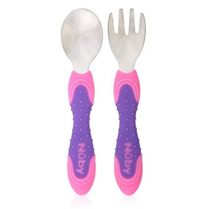 Nuby 2 Piece Stainless Steel Utensil, Pink/Purple