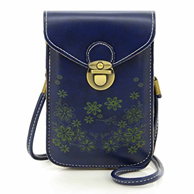 U-TIMES Women's Retro Flower Pattern Synthetic Leather Crossbody Shoulder Wallet Bag Cell Phone Pouch for iPhone 6/6S,6Plus/6S Plus,Note 5,Note 4,Galaxy S7,S7 Edge(Blue)