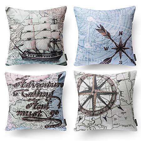 PHANTOSCOPE Decorative Set of 4 Ocean Series Throw Pillow Cover with Map Compass Geography 18” x 18” 45cm x 45cm