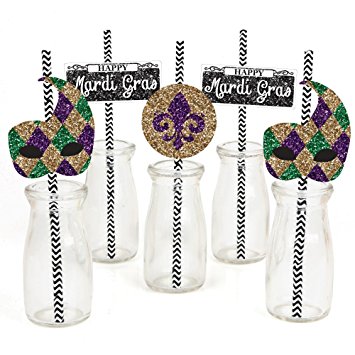 Mardi Gras Paper Straw Decor - Masquerade Party Striped Decorative Straws - Set of 24