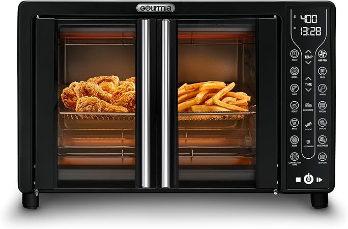 Gourmia Toaster Oven Air Fryer Combo 17 cooking presets 1700W french door digital air fryer oven 24L capacity accessories, convection rack, baking pan tray recipe book GTF7460,Large,Black