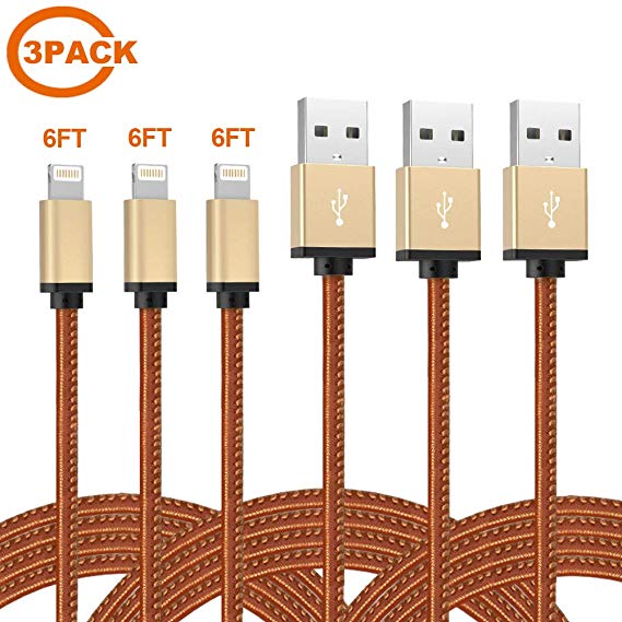 Mozzvas Charger Cable for iPhone 6 Ft 3 Pack PU Leather Lighting to USB Syncing and Charging Cord Cable Compatible for iPhone X, 8, 7, 7 Plus, 6, 6s, 6 Plus, 5, 5c, 5s, SE, iPad, iPod Nano, Touch