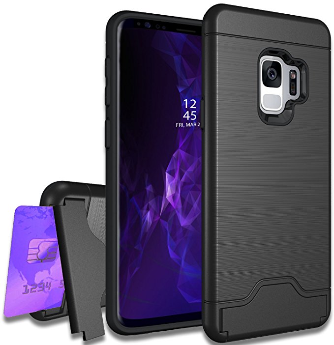 Samsung Galaxy S9 Case with Raised Lip for Screen Protector, includes ID/Credit/Hotel/Commute Card Holder and Kickstand, Protective Case from Drop, Anti Scratch, Made with TPU PC Hybrid, Black