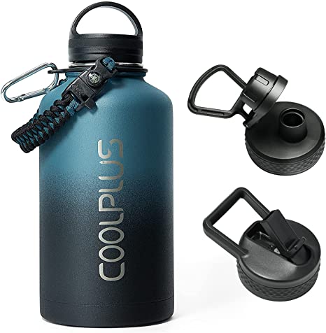 Insulated Water Bottle 64oz with Paracord Handle, Coolplus Stainless Steel Half Gallon Water Flask Jug for Gym or Office, 24H Hot 48H Cold, Indigo Crush