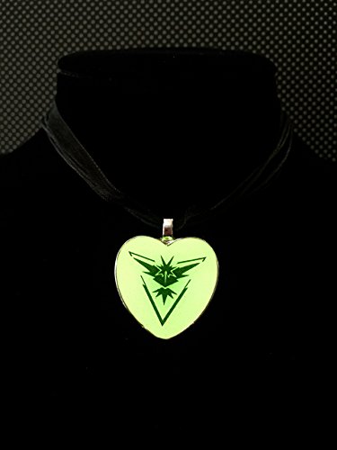 Pokemon Go Inspired Team Instinct Yellow Glitter Glow In The Dark Heart Shaped Pendant With Ribbon and Cord Necklace with Free Matching Vinyl Decal