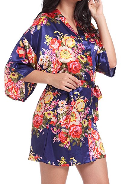 DF-deals Women's Kimono Satin Floral Robes For Bride and Bridesmaid Wedding Party Gift Silk Robes Nursing Gown Short