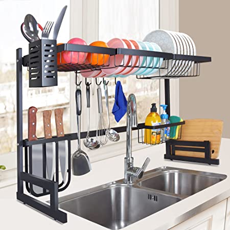 Over The Sink Dish Drying Rack - Haliluya Adjustable 2-Tier Large Premium Dish Drying Rack Kitchen Organizer Storage Stainless Steel Utensil Holder with 5 Hook Dish Drainer (33≤ Sink Size ≤ 44 inch)