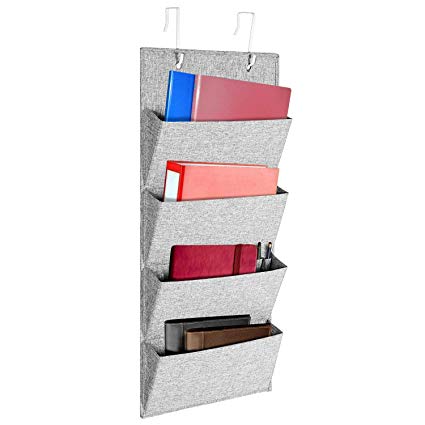 MaidMAX Fabric Over The Door Office Organizer Wall Mounted File Holder Shelves 2 Metal Hooks, 4 Pockets, Gray