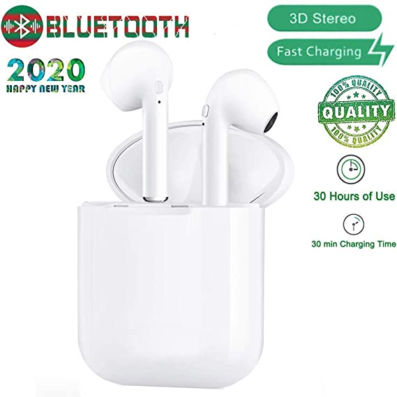 Bluetooth Headset 5.0 Wireless Earbuds, Built-in Handsfree Microphone and Charging Case, Noise Reducing 3D Stereo, Pop-ups Auto Pairing for Apple Airpods Android/AirPods Pro/iPhone/Samsung
