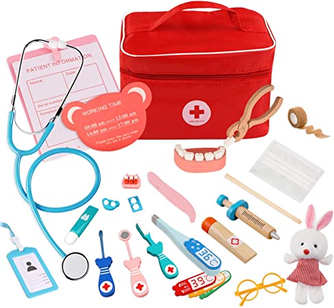 LBLA Pretend Play Doctor Kit for Kids, 23Pcs Wood Toys Dentist Medical Kit with Realistic Stethoscope and Carrying Bag, Educational Toy Doctor Playset for Toddler