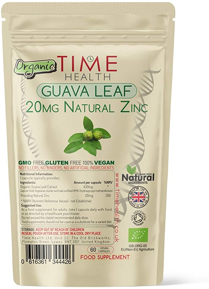 Organic Guava Leaf Extract – 20mg Natural Zinc per Capsule – Vegan – Zero Additives – GMP Standards – (60 Capsule Pouch)