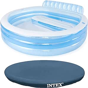 Intex Swim Center Inflatable Above Ground Outdoor Round Family Swimming Pool with Built-in Relaxing Bench, Cupholders & Secure Vinyl Pool Cover, Blue