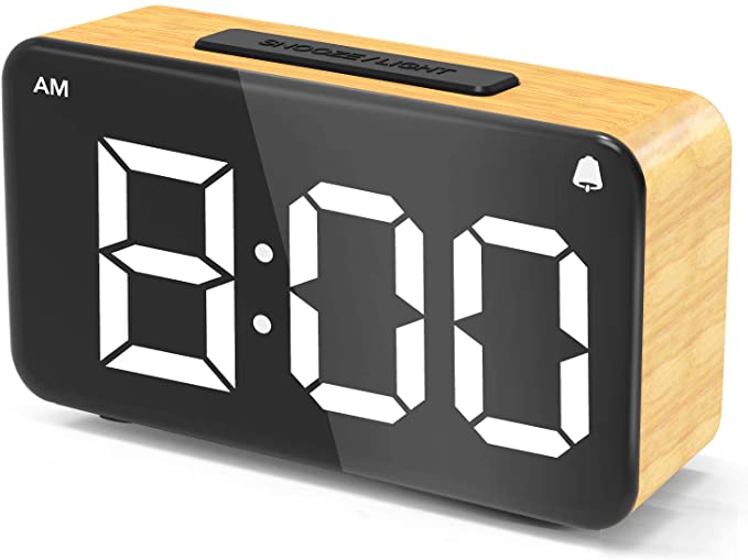 Alarm Clock,Digital Alarm Clocks for Bedrooms LED Small Desk Clock with Adjustable Brightness Dimmer,12/24Hr,Snooze,Easy Use Electric Beside Clock with Adapter,Wood Grain Clock for Kids and Adults