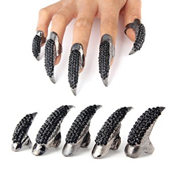 Danibos Punk Style Crystal Rhinestone Paved Paw Bend Fingertip Finger Claw Ring Set Fake False Nails Set (Black,10PCS)