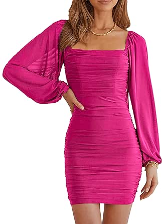 MASCOMODA Women Elegant Square Neck Lantern Long Sleeve Mini Ruched Bodycon Dress Stretch Mesh Slim Party Cocktail Dresses