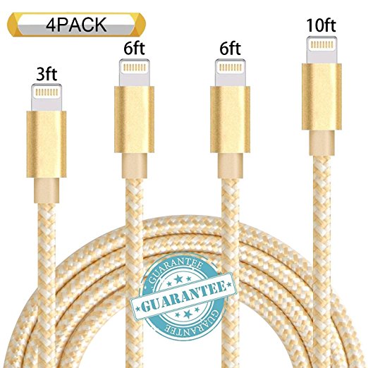 DANTENG iPhone Cable 4 Pack 3FT, 6FT, 6FT, 10FT, Extra Long Charging Cord Nylon Braided USB Lightning Charger for iPhone X, 8 , 8, 7 , 7, SE, 5, 5s, 6s, 6, 6 Plus, iPad Air, Mini, iPod (Gold)