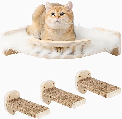 COOLEX Cat Wall Shelves, Cat Shelves and Perches for Wall, Cat Wall Furniture, Corner Cat Shelf with 3 Steps Scratch Post, Cat Bed Hammock with Plush Covered, Climbing Shelf for Indoor Cats (Wood)