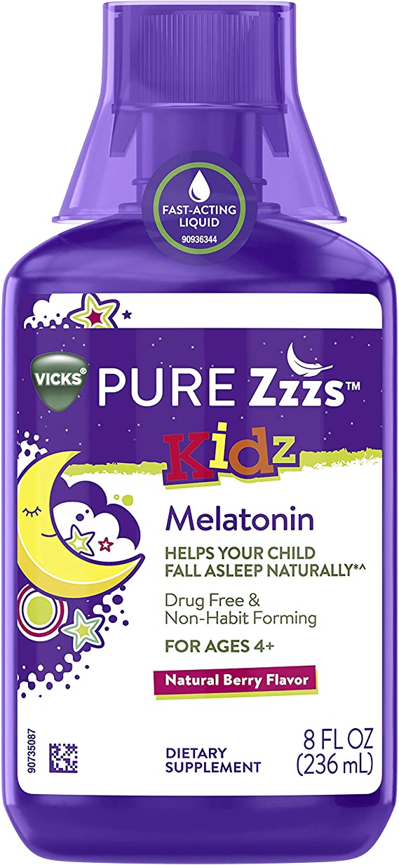 ZzzQuil Pure Zzzs Kidz Liquid Melatonin Nighttime Sleep-aid for Kids & Children, 8 Fl oz, 1mg per Serving