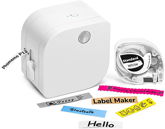 Phomemo P12 Label Maker Machine with Color Fonts, Bluetooth Wireless Mini Labeler for Phone Support Inkless Multiple-Colored Fonts Icons Border, Labeler with 1 Pack Label Tape, School Home, White