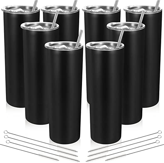 8 Pack Stainless Steel Skinny Tumbler 20oz Double Wall Stainless Steel Slim Insulated Tumbler with Straw, Bulk Tumbler Vinyl DIY Gifts (Black)