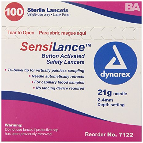 Dynarex Sensilance Safety Lancets, 21 Gauge, Sterile, 100 Count