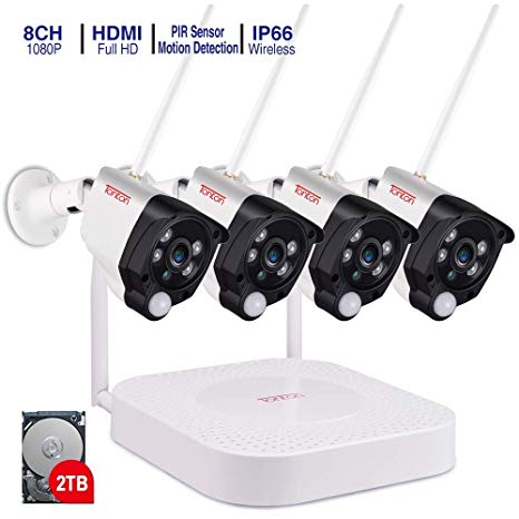 Tonton 1080P Full HD Wireless Security Camera System, 8CH NVR Recorder with 2TB HDD and 4PCS 2.0 MP Waterproof Outdoor Indoor Bullet Cameras with PIR Sensor, Audio Record and Clear Night Vision