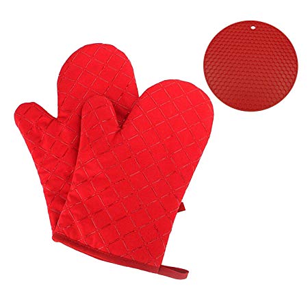 GoFriend Oven Gloves Non-Slip Kitchen Oven Mitts Heat Resistant Cooking Gloves for Kitchen Grilling Cooking, Baking, Barbecue Potholder, 1 Pair, with Silicone Heat Resistant Cup Insulation Coaster