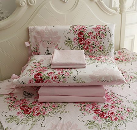 FADFAY Rose Floral 4 Piece Bed Sheet Set 100% Cotton Deep Pocket-Full