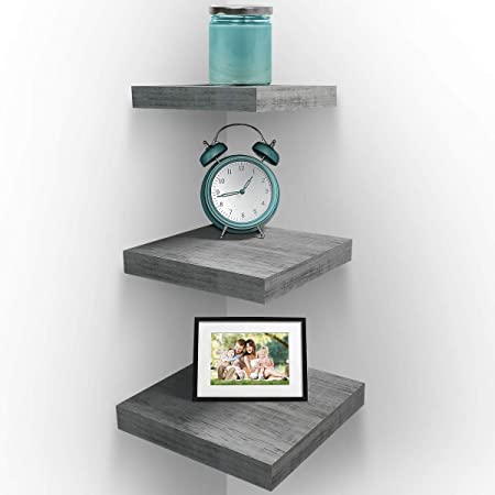 Sorbus Wall Mount Corner Shelves, Square Hanging Wall Shelves Decoration, Perfect Trophy Display, Photo Frames, Home Décor, Set of 3 (Grey White)