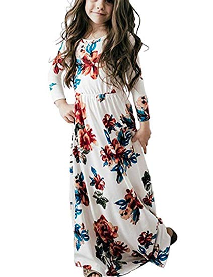 Dongpai Girls 3/4 Sleeve Floral Maxi Dress Pleated Casual Swing Long Maxi Holiday Dress with Pockets