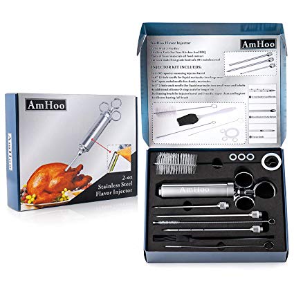 AmHoo Barbecue Meat Injector,Food Grade 18/10(304) Stainless Steel Meat Injector Pump-100% Food Safe with 2-oz Capacity Barrel 3 Marinade Flavor Needles-Free Cleaning Brush+Oil Brush