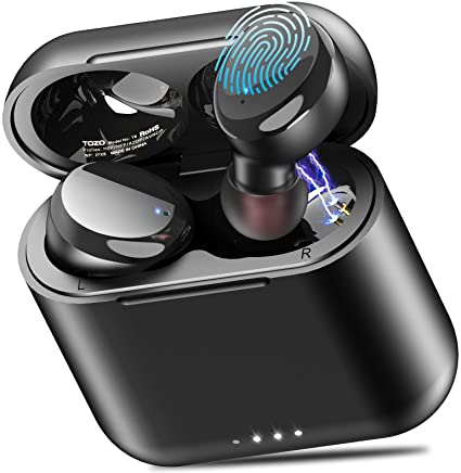 TOZO T6 True Wireless Earbuds Bluetooth Headphones Touch Control with Wireless Charging Case IPX8 Waterproof Stereo Earphones in-Ear Built-in Mic Headset Premium Deep Bass for Sport Black