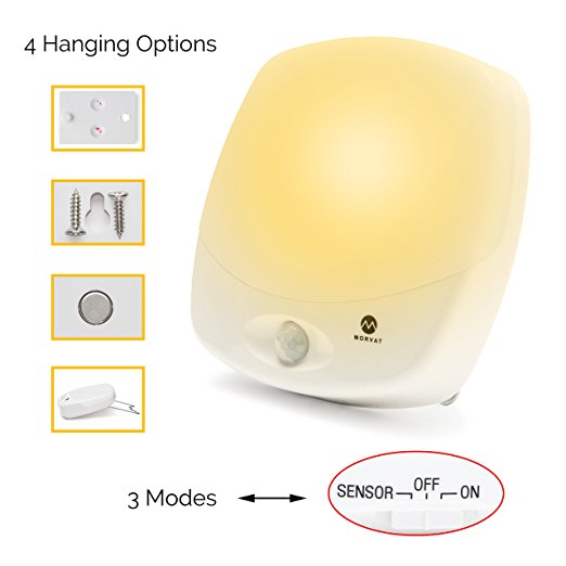 Morvat Motion Sensor LED Night Light - Beautiful Glowing Amber (Yellow) Light – 3 Option Switch: Motion Sensor / Always On / Off