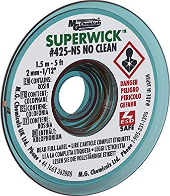 MG Chemicals 400-NS Series #3 No Clean Super Wick Desoldering Braid, 0.075" Width x 5' Length, Green