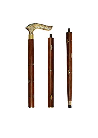 ITOS365 Handmade Wooden Folding Walking Stick 36 Inches - Handcrafted Walking Cane with Brass Handle - Gifts Ideas