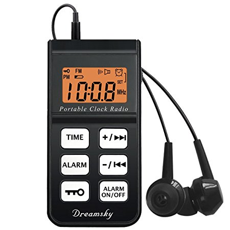 DreamSky Mini FM Radio Alarm Clock with Earphone For Walk, Time Display with Backlight, Ascending Alarms , Battery Operated Travel Portable Clock Radio. 2 AAA batteries Included.