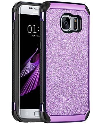 Galaxy S7 Edge Case, Samsung Galaxy S7 Edge Case, BENTOBEN 2 in 1 Luxury Glitter Bling Hybrid Hard Cover Sparkly Shiny Faux Leather Shockproof Bumper Protective Case for Samsung Galaxy S7 Edge, Purple