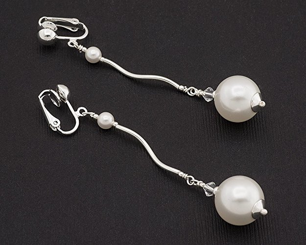 Big White Swarovski Elements pearl and crystal long bridal silver clip on earrings