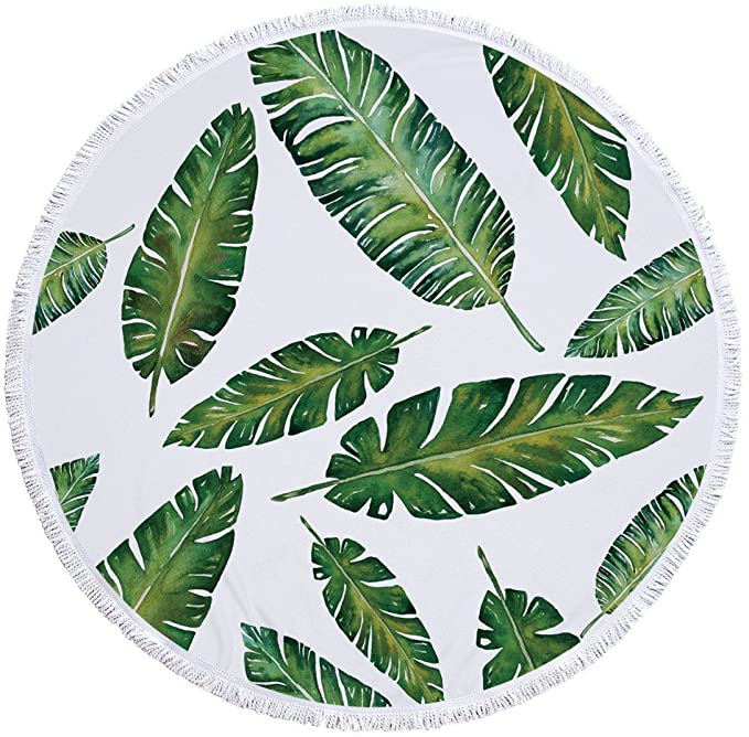 Thick Terry Round Beach Towels, Round Beach Blanket, Round Beach Mat Yoga Mat with Tassel (Tropical Leaves)