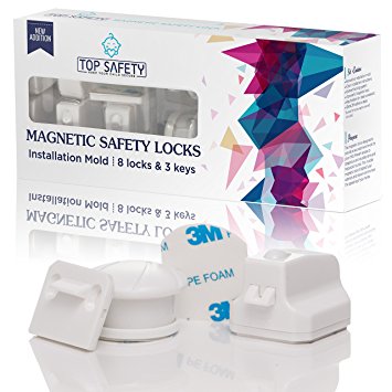 Baby Safety Magnetic Cabinet Locks - 8 Locks & 3 Keys - Easy Installation W/ Mold - No screws Drill Free, Childproof Drawers Lock W/ 3M Adhesive Tape, Cabinets Locking System By Top Safety