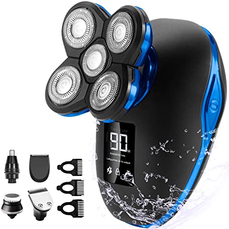 Electric Shaver for Men & Grooming Kit, OriHea 5 in 1 Electric Razor Cordless Waterproof Wet Dry Rotary Bald Head Shaver Nose Trimmer Hair Clippers Facial Cleansing Brush LED Display - (blue)