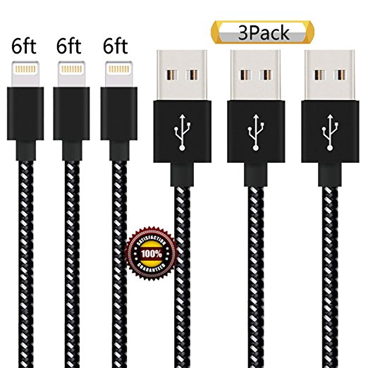 Suanna Lightning Cable, 3Pack 6FT Certified Nylon Braided Cord iPhone Cable Certified to USB Charging Cable for iPhone 7, 7 Plus, 6S, 6 , SE, 5S, 5, iPad Air/Mini, iPod Nano 7 (White Black)