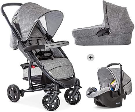 Hauck Pushchair Travel System Malibu 4 Trio Set / From Birth / Pram with Mattress / Infant Car Seat / Fully Reclining / Compact Folding / XL Shopping Basket / Melange Grey