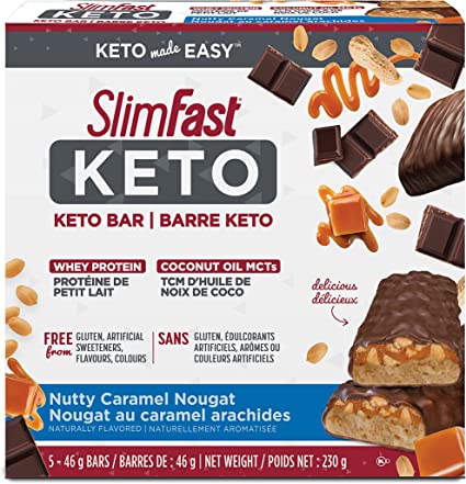 Slim-Fast Keto Bar with Whey Protein and Coconut Oil Mcts - Box of 5x46g Bars, Nutty Caramel Nougat, 230 Grams