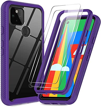 Pixel 5 Case, Google Pixel 5 Case with Tempered Glass Screen Protector [2Pack], LeYi Full Body Protective Hybrid Rugged Shockproof Bumper Clear Phone Cover Cases for Google Pixel 5, Purple