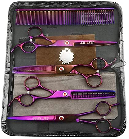 LILYS PET Professional PET Dog Grooming Titanium Scissors Set,Straight & Curved & Thinning & Chunker Scissors with 1 Grooming Comb for Dog Cat and More Pets Grooming (Purple)