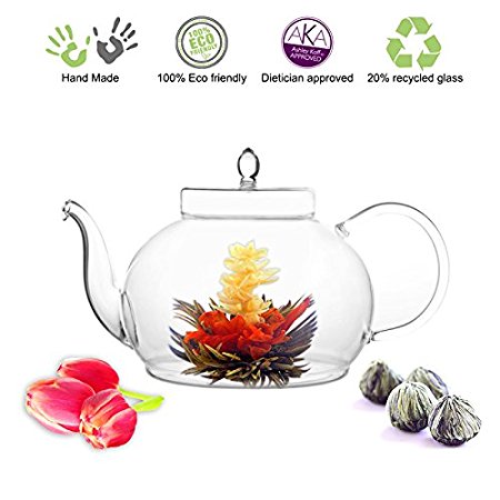 Blooming Tea Glass Teapot Gourmet Gift Set Polo 45oz/1330ml with Fab Flowerin...