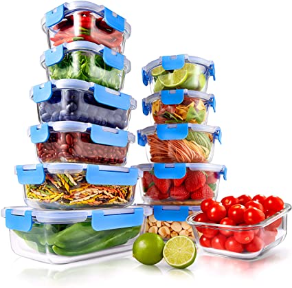 24-Piece Glass Food Storage Containers - Stackable Superior Glass Meal-prep Containers w/ Newly Innovated Hinged BPA-Free 100% Leakproof Locking Lids - Freezer-to-Oven-Safe - NutriChef NCGLBU.5 (Blue)